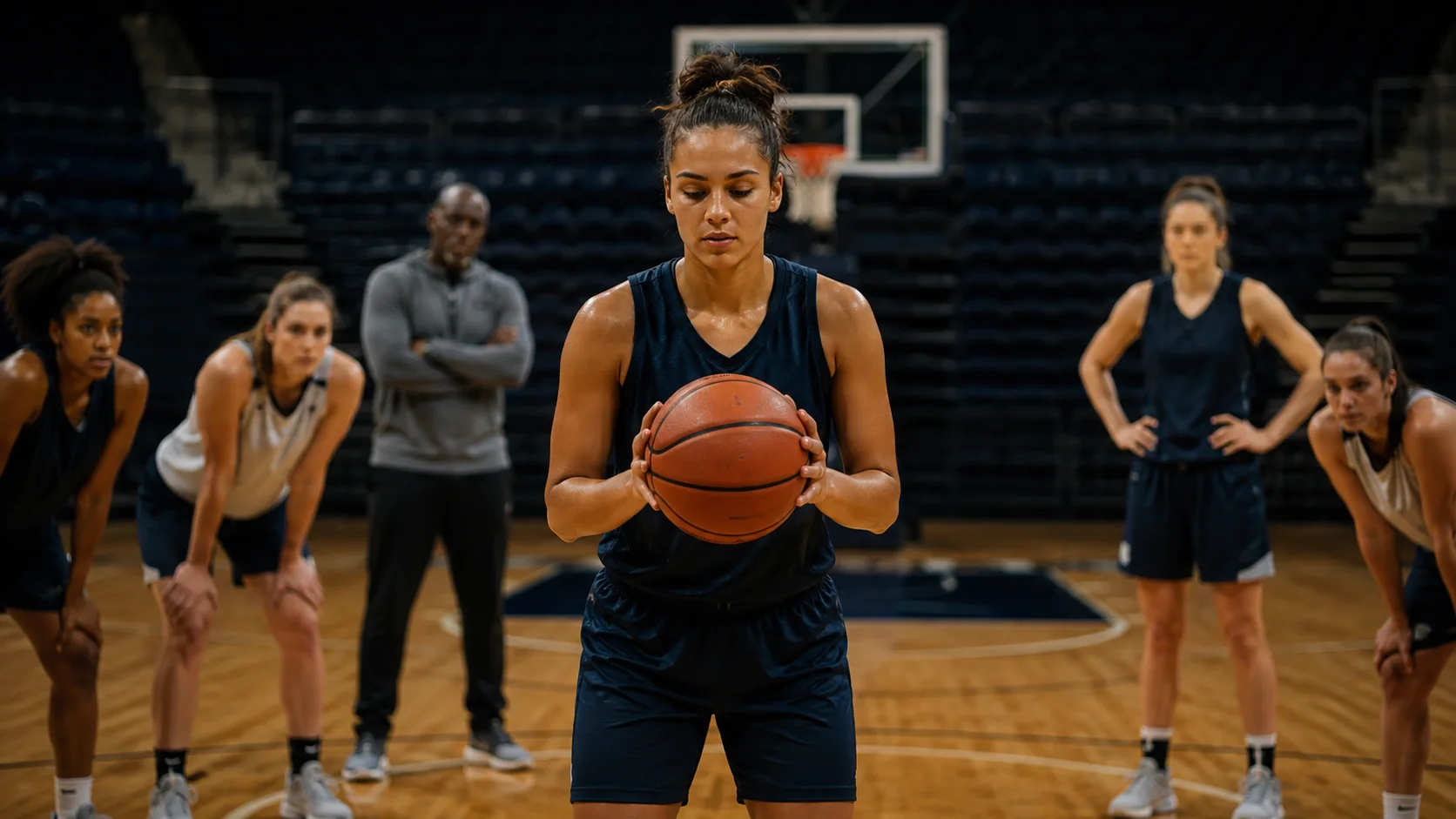Basketball player pausing for a controlled breath at the free-throw line while teammates watch