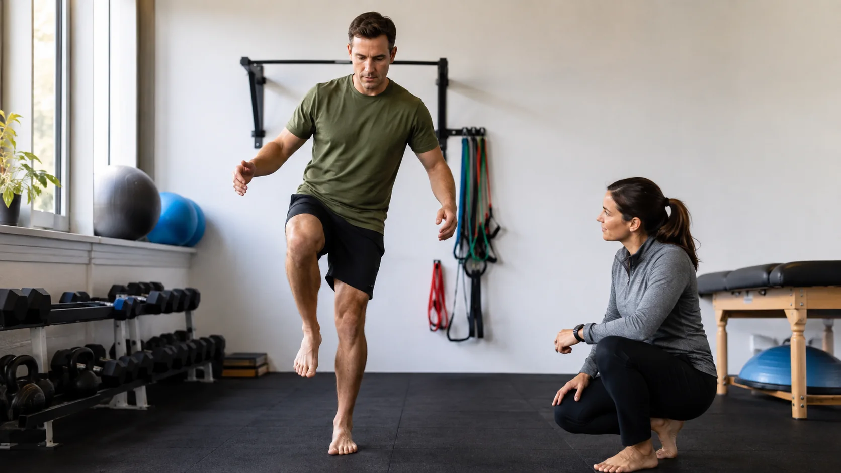 Recreational athlete practicing a barefoot single-leg balance drill while a physical therapist observes