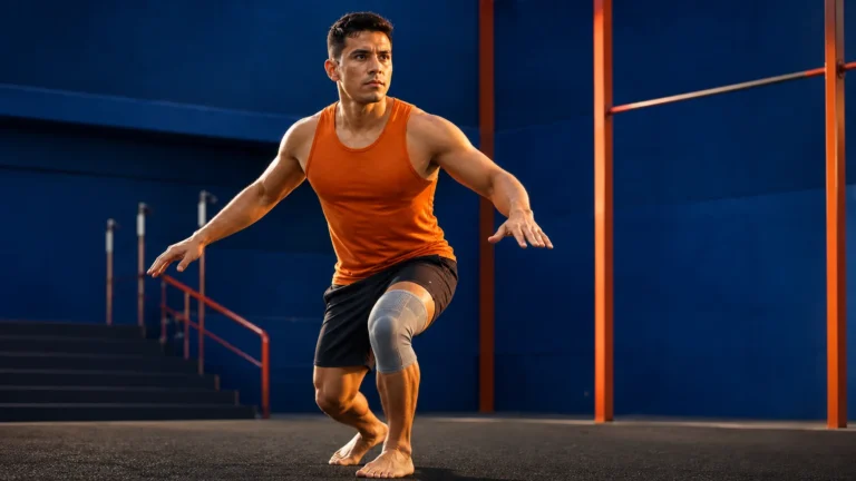 Athlete practicing a barefoot low stance during knee rehabilitation