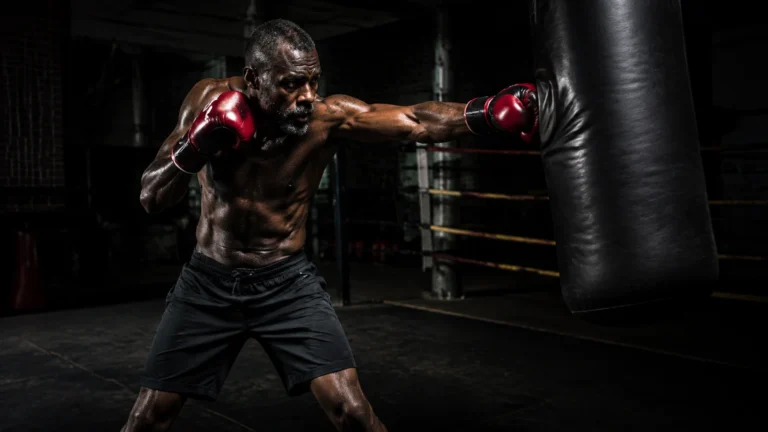 Idris Elba throws a straight punch into a heavy bag in a dim, authentic boxing gym.