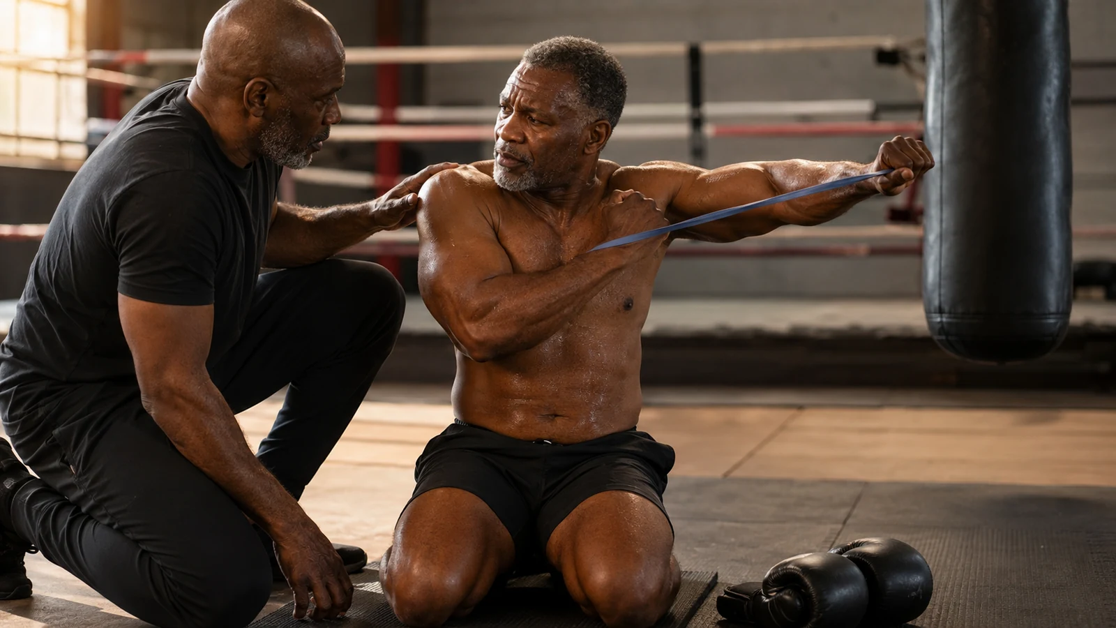 Muscular Black man in his early fifties performs a coached shoulder-mobility band drill beside a boxing ring.