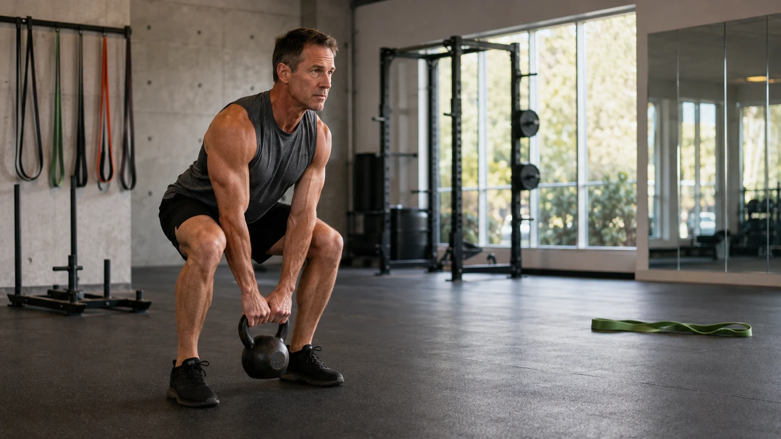 Mature athlete performing a controlled kettlebell deadlift in an open gym mobility area