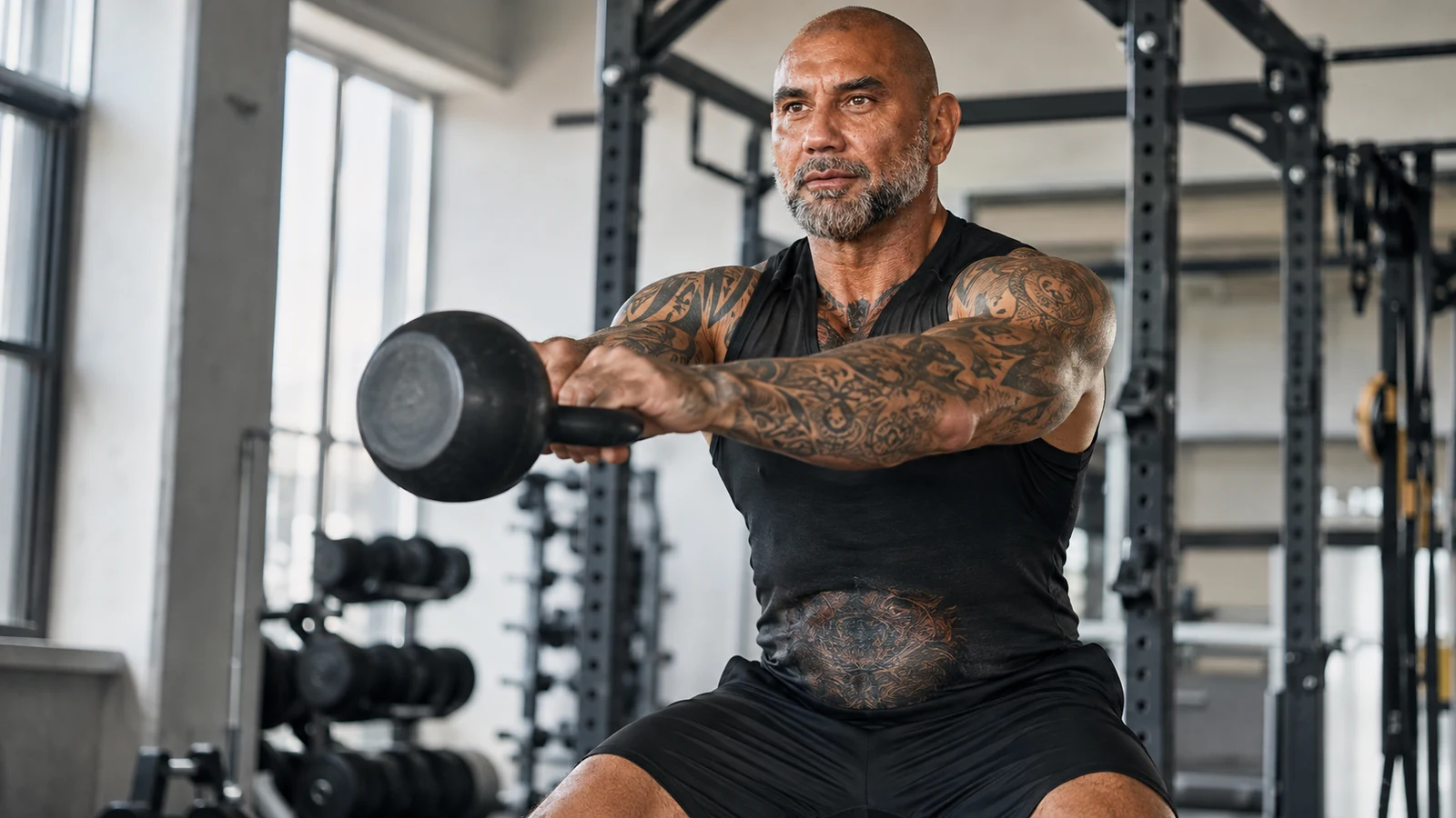 Dave Bautista performing a controlled kettlebell swing in a bright functional gym