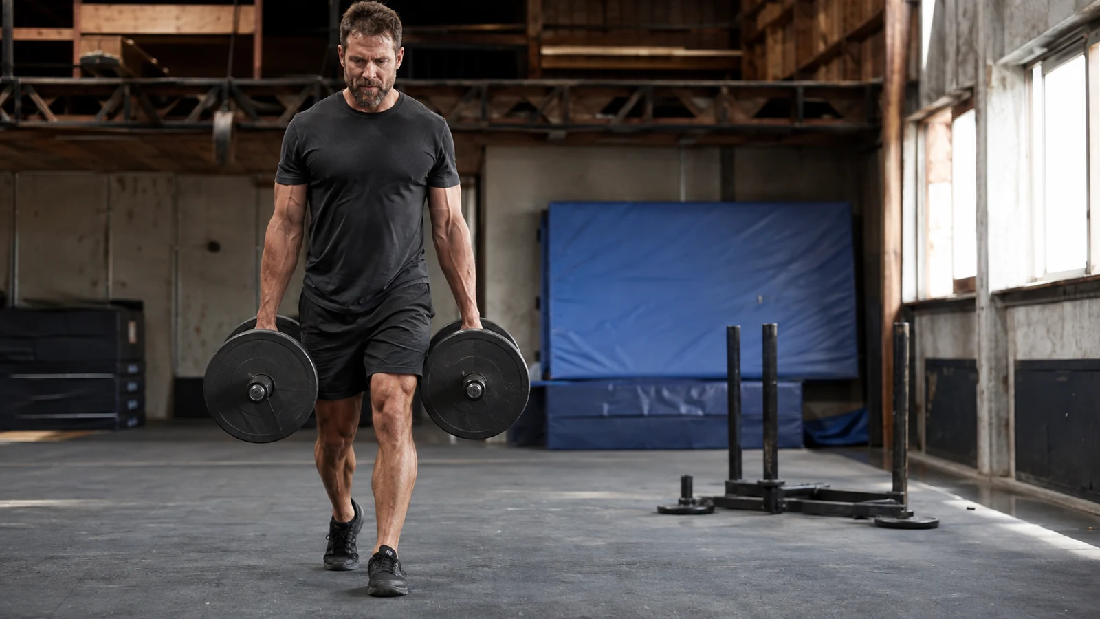 Athlete carrying two heavy weights through a stunt training warehouse