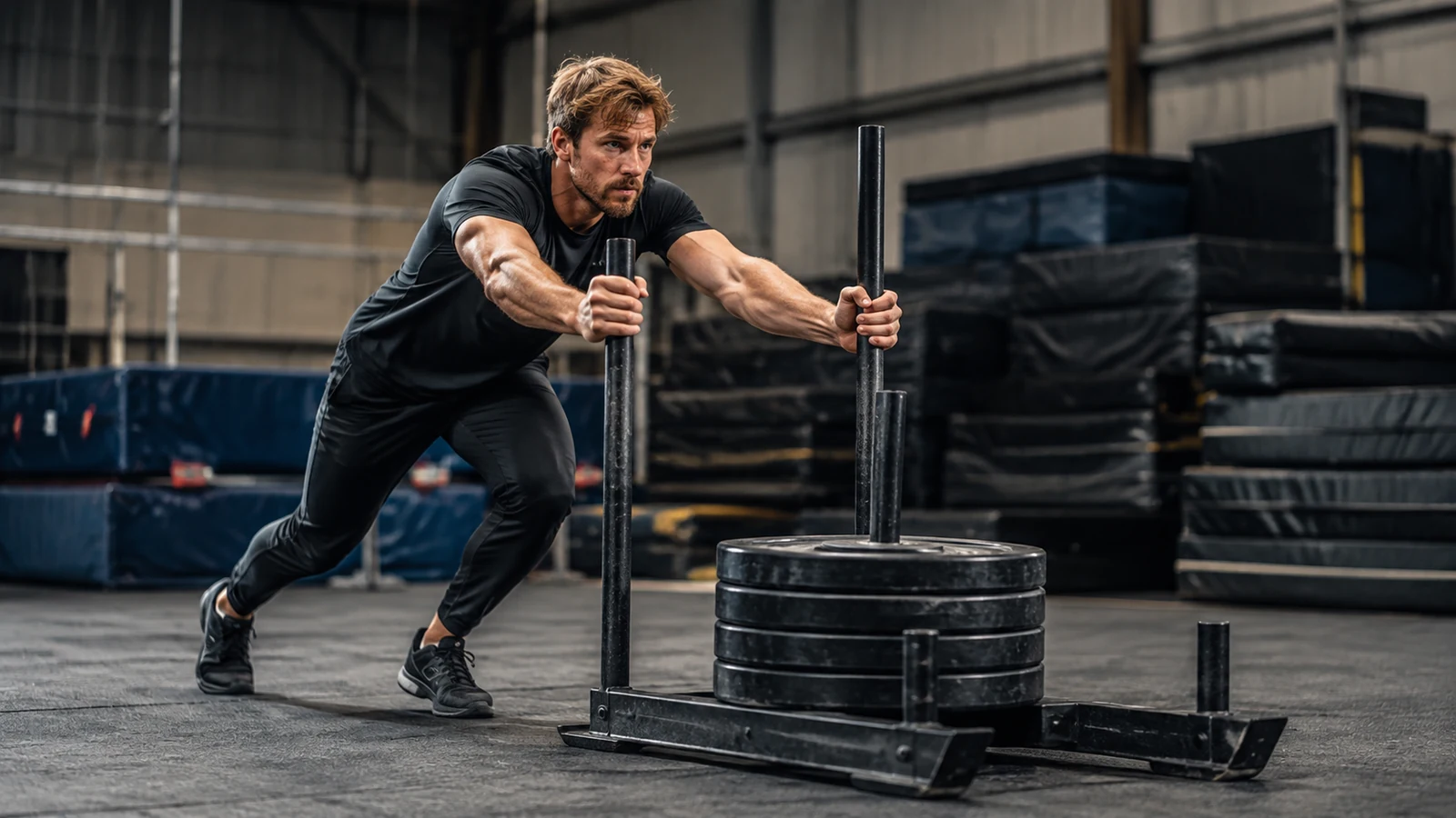 Ryan Gosling pushing a weighted sled in a stunt training warehouse
