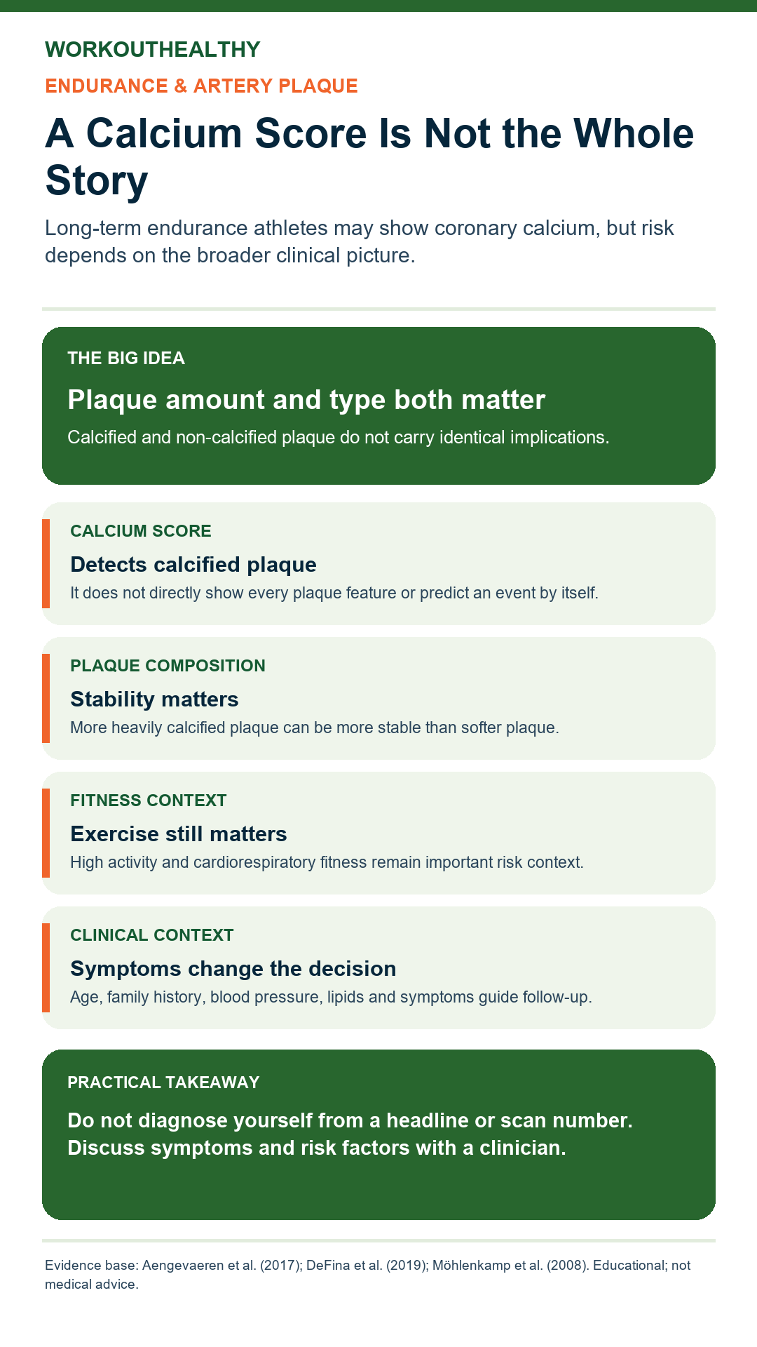 Infographic explaining calcium score, plaque composition, fitness context, and clinical context