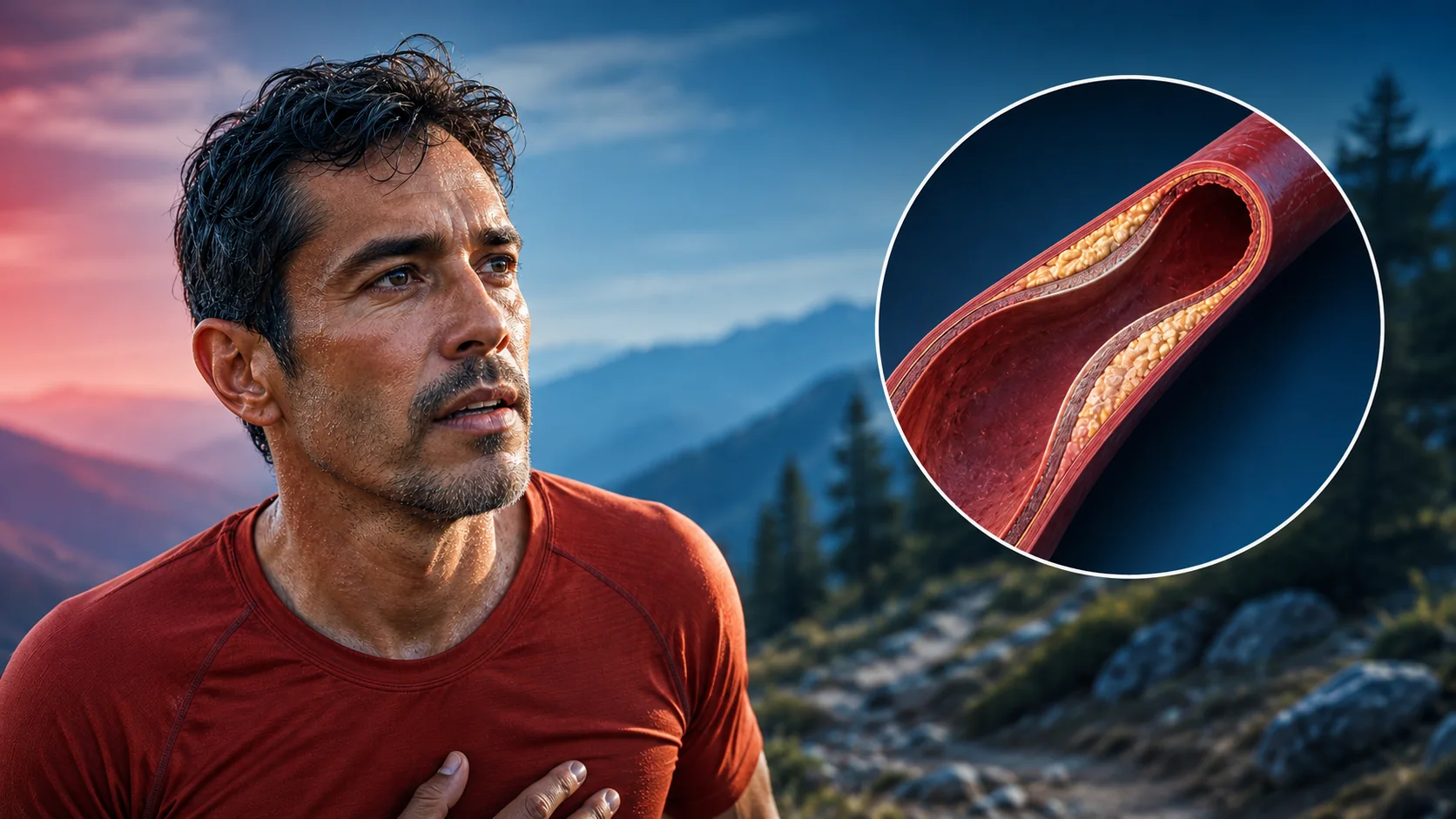 Middle-aged endurance runner beside a scientific inset showing plaque in a coronary artery