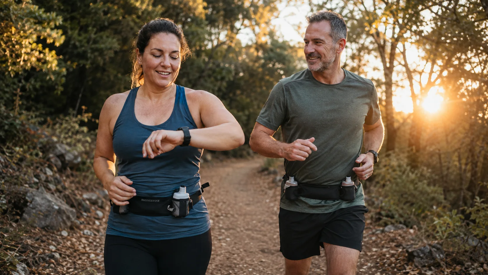 Two middle-aged runners jogging at an easy pace while one checks a heart-rate watch
