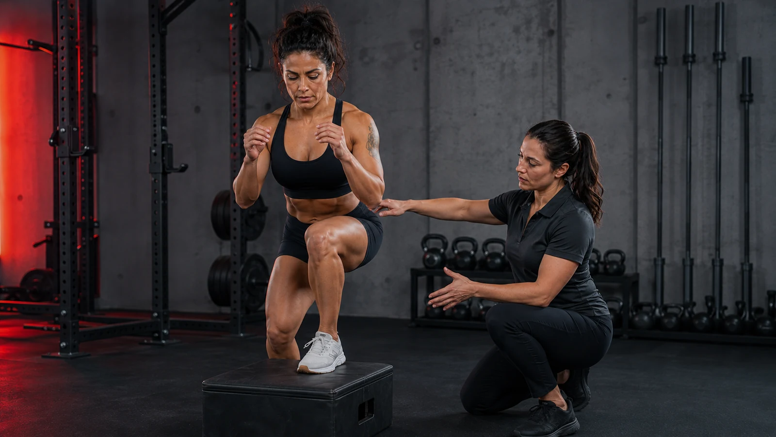 Strength athlete performing a controlled single-leg step-down while a clinician coaches alignment