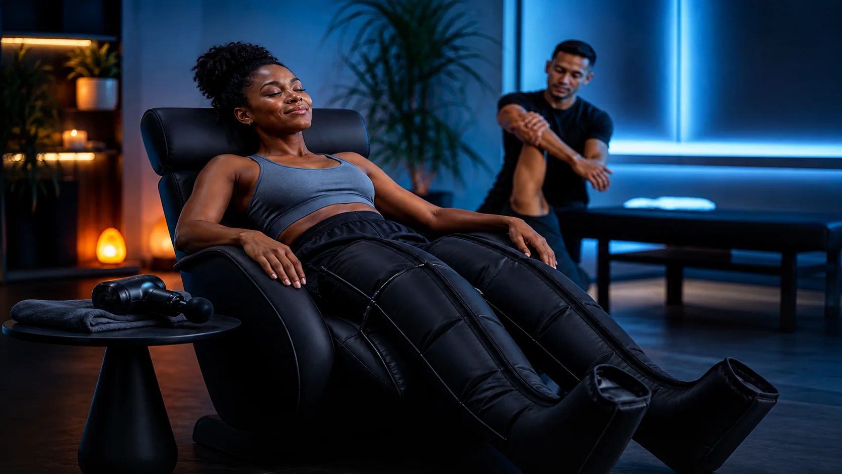 Female athlete relaxing in pneumatic compression boots in a modern recovery lounge