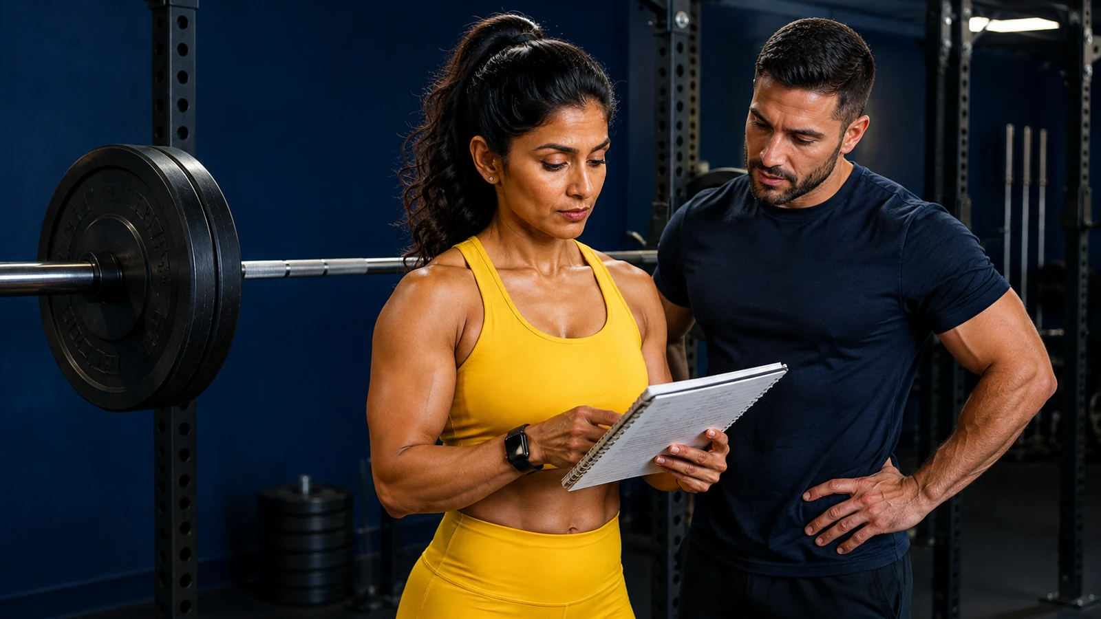 Female lifter and coach reviewing a training notebook beside a safely racked barbell