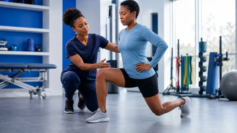 Sports medicine clinician coaching an athlete through a controlled dynamic lunge warm-up