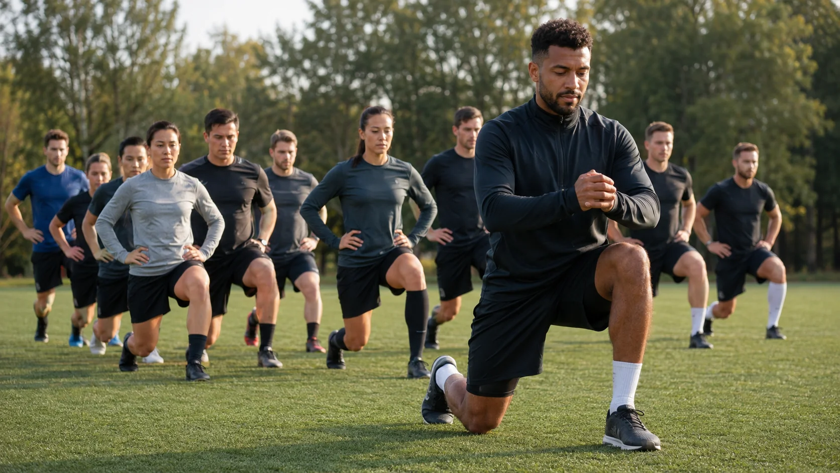 Recreational soccer team performing coordinated dynamic lunges before practice