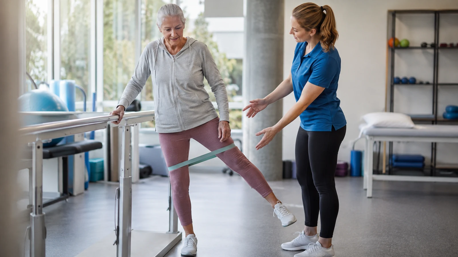 Physical therapist guiding an older adult through a gentle standing hip strengthening exercise with a resistance band
