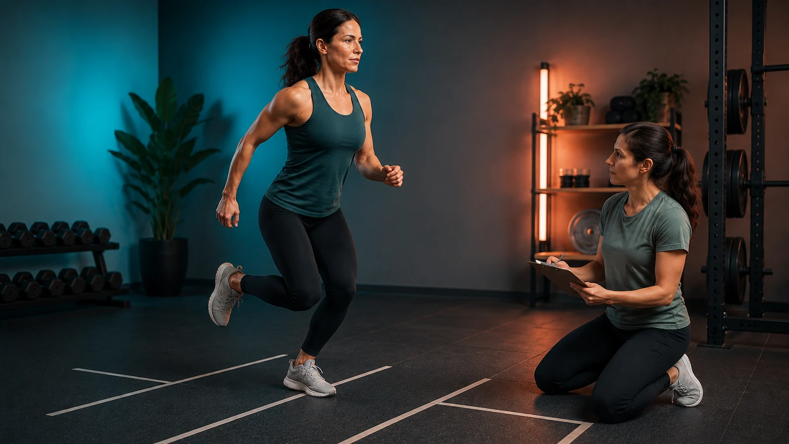 Female athlete performing a single-leg hop landing while a physiotherapist records the response