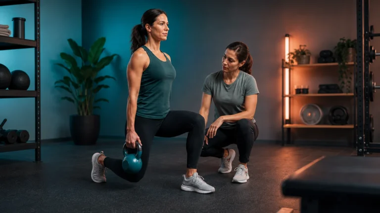 Female athlete performing a kettlebell split squat while a pelvic-health physiotherapist observes