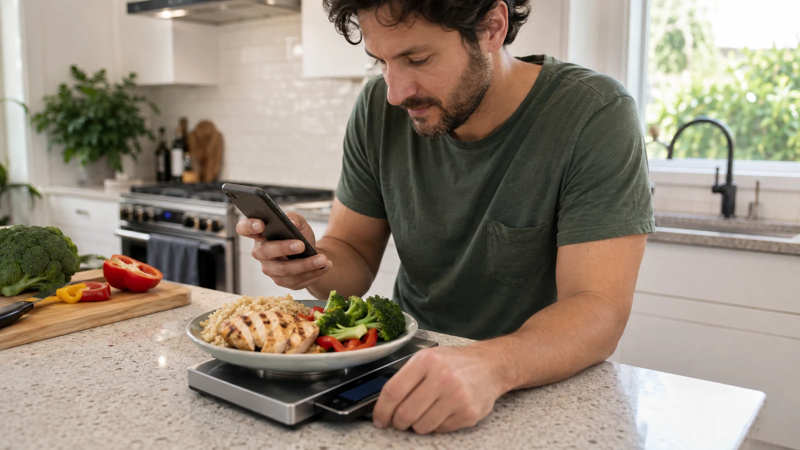 Adult using a smartphone and kitchen scale to log a balanced meal at a bright kitchen counter