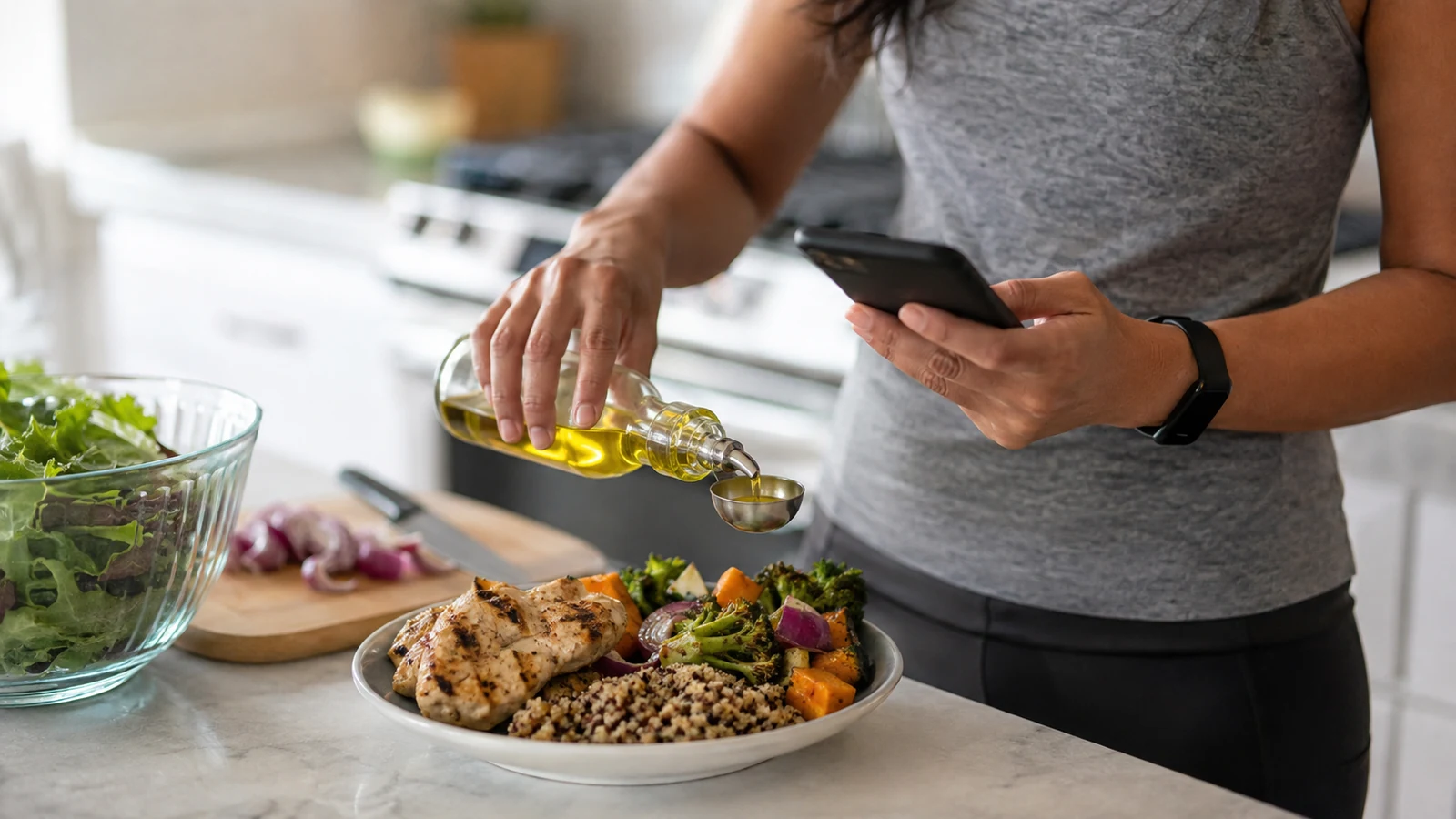 Adult measuring cooking oil beside a balanced meal while logging the portion on a smartphone