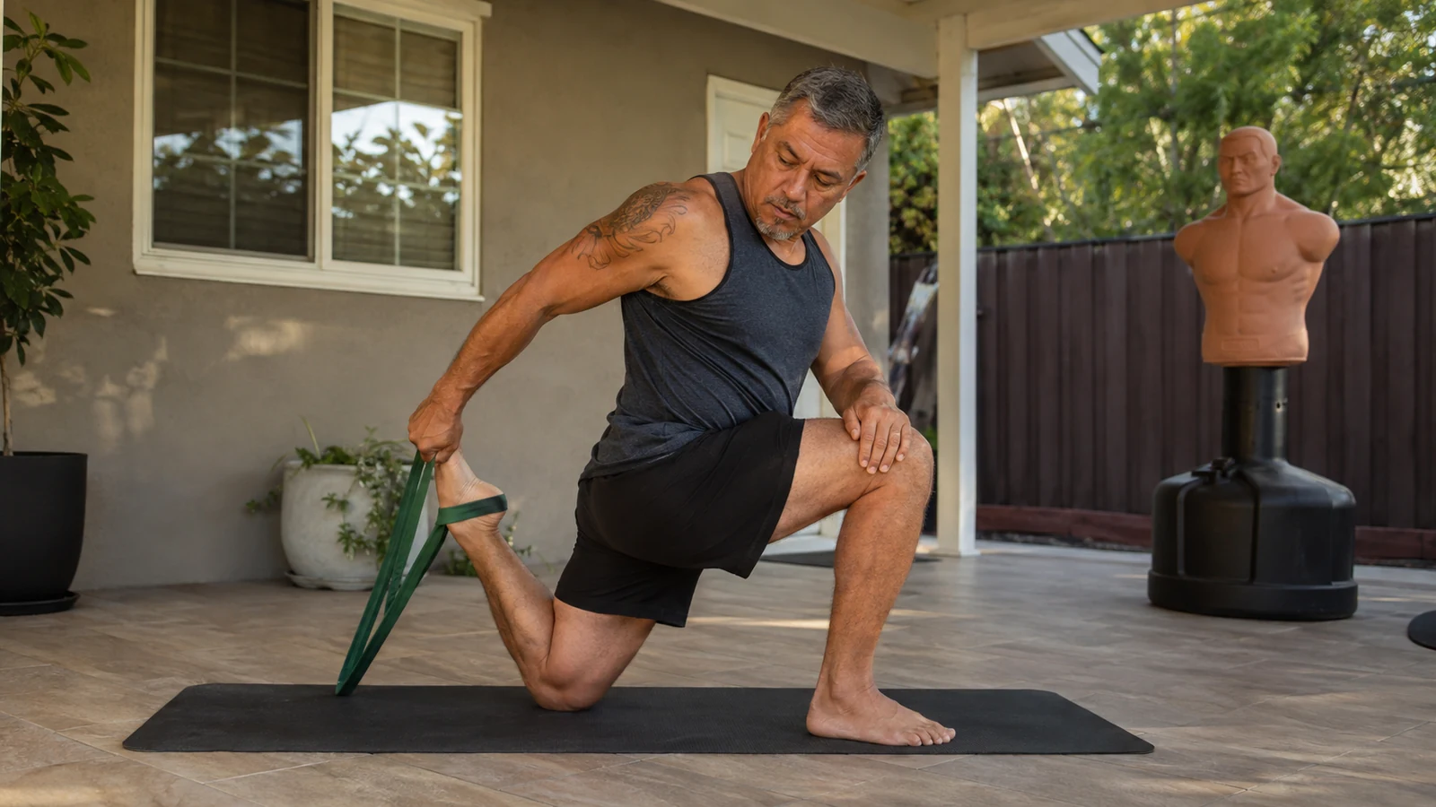 Anonymous older adult using a resistance band for a controlled hip mobility drill in a backyard training space