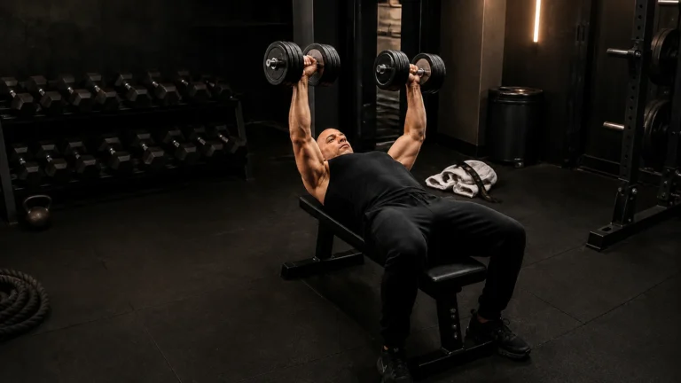 Vin Diesel performing a dumbbell bench press in a dark strength-training gym