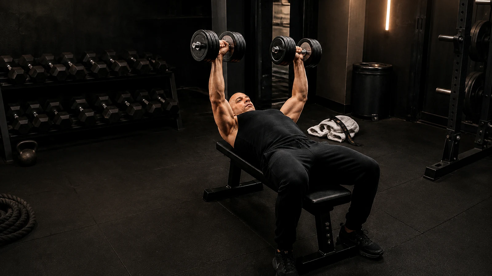 Vin Diesel performing a dumbbell bench press in a dark strength-training gym