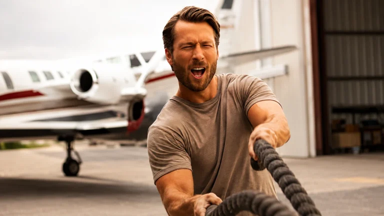 Glen Powell driving battle ropes during an outdoor conditioning session near an aircraft hangar