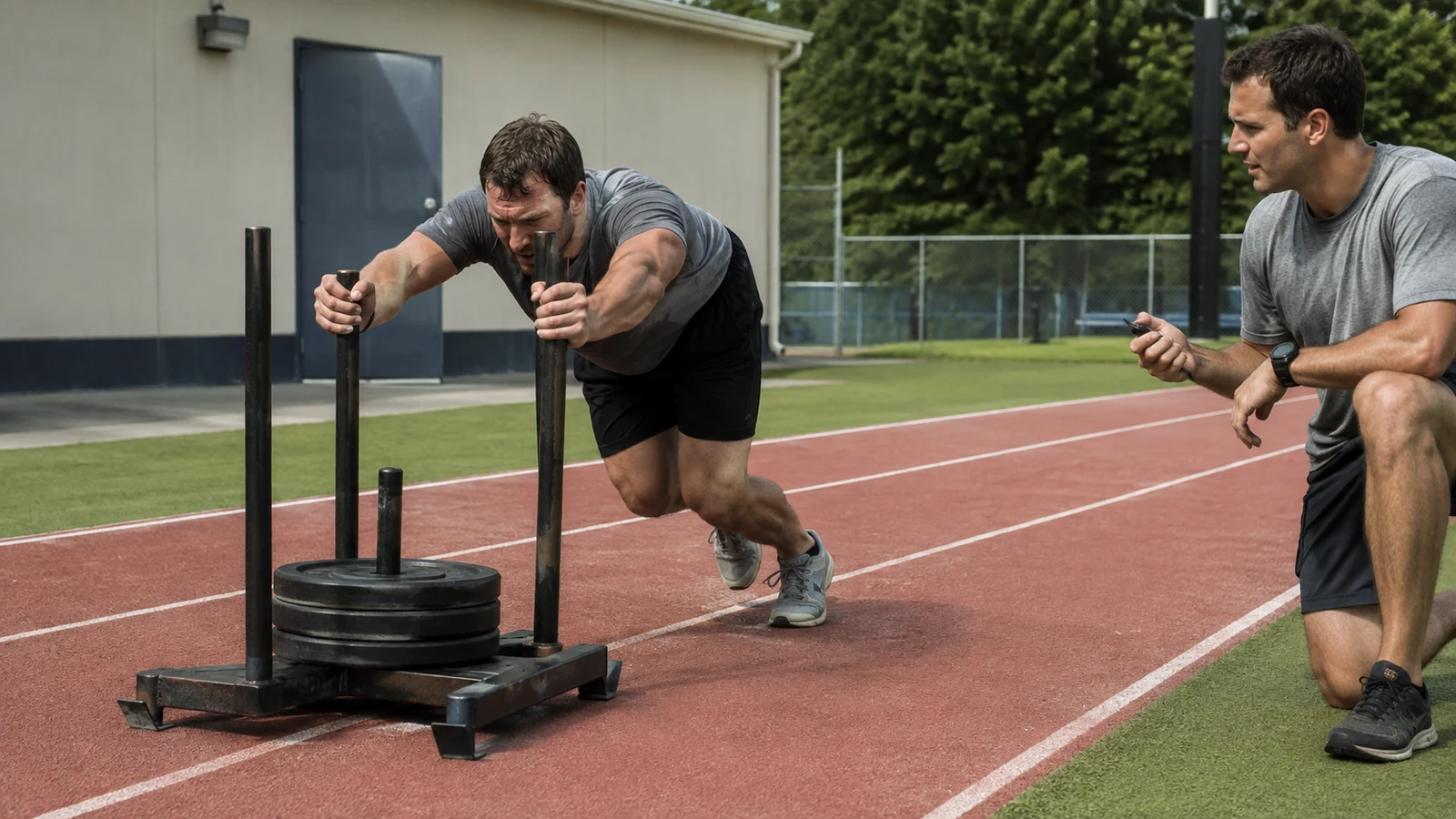 Anonymous athlete pushing a weighted sled on a track while a coach times the interval