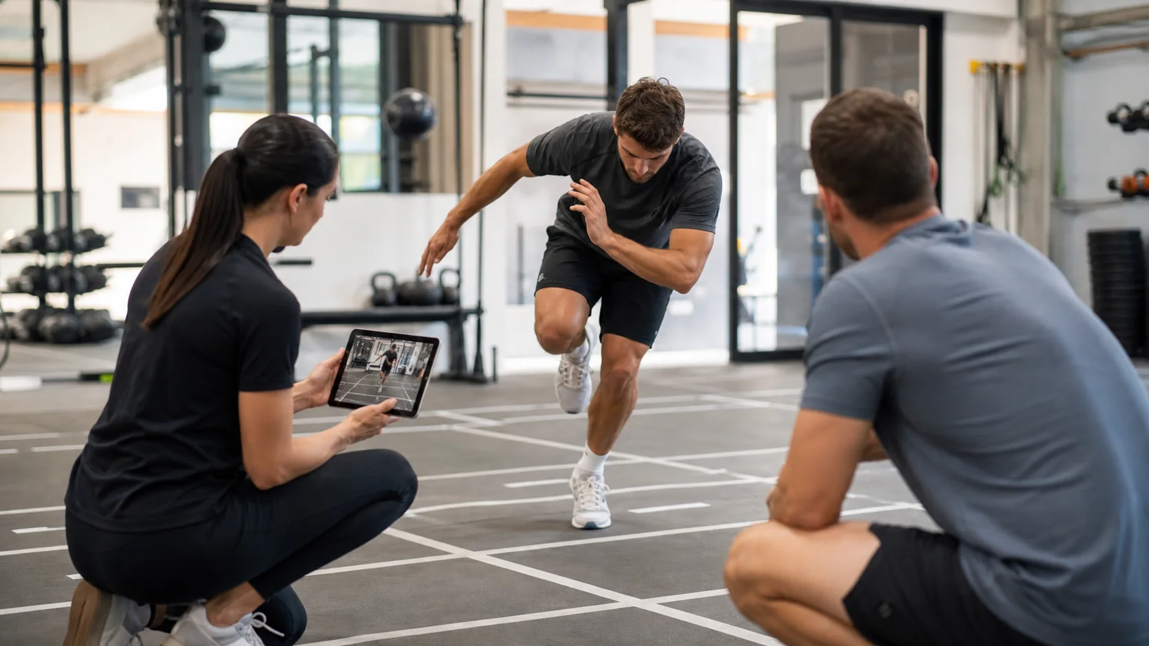Performance coach recording an athlete's single-leg landing with a tablet
