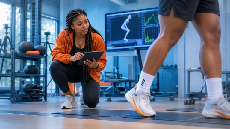 Exercise scientist using a tablet while an athlete moves through a biomechanics lab