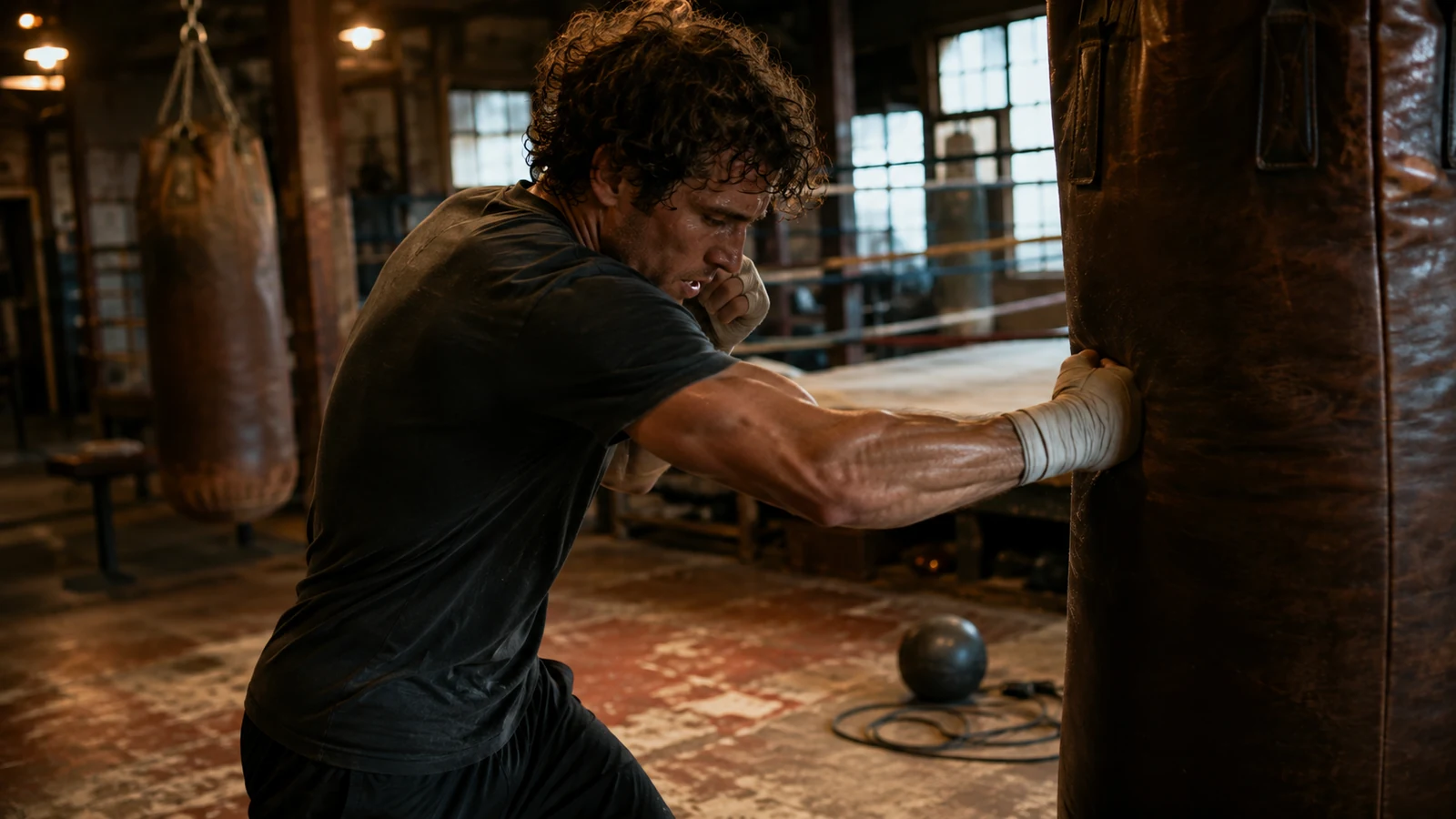 Anonymous athlete delivering a controlled punch to a heavy bag in a neighborhood boxing gym