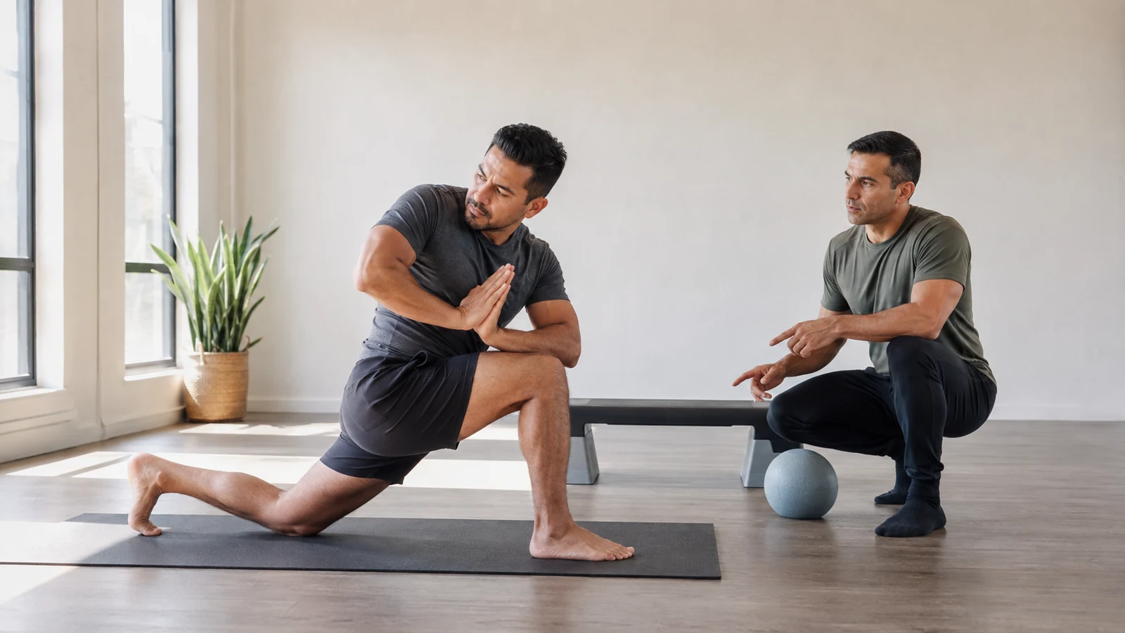 Anonymous middle-aged adult performing a deep lunge with torso rotation while a trainer cues alignment