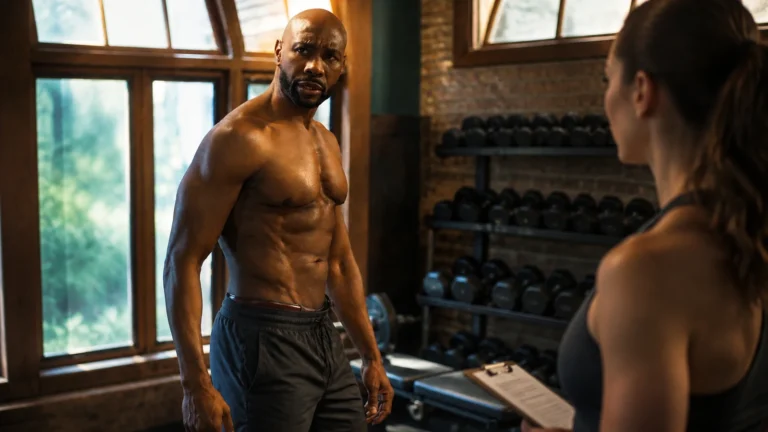 Morris Chestnut speaking with a trainer holding a clipboard in a naturally lit strength-training studio