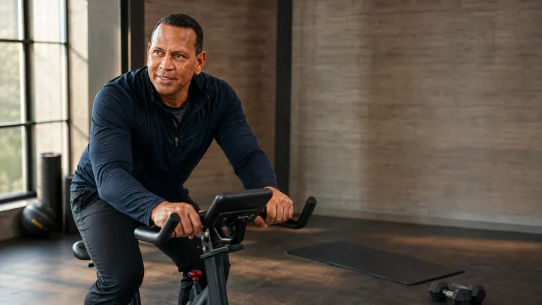 Alex Rodriguez rides a stationary bike in a morning-lit gym with a mat and light dumbbells nearby.