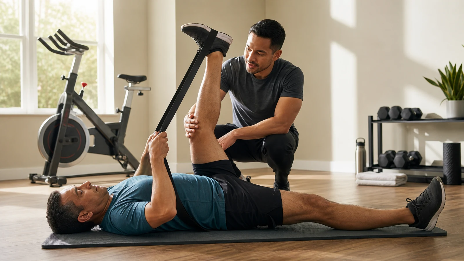 Athletic man in his early fifties performs an assisted hamstring stretch with a trainer in a bright home gym.