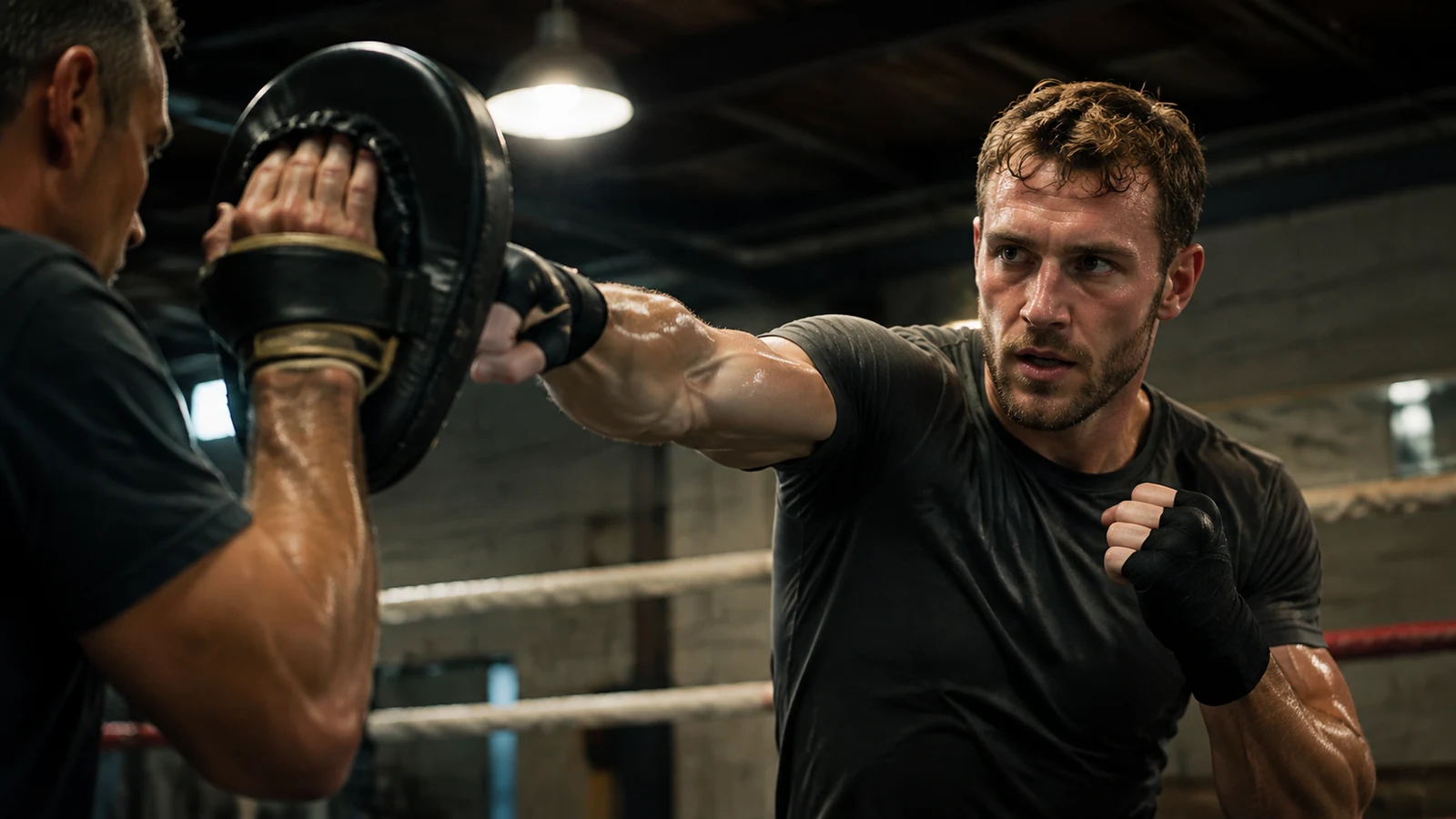 Paul Mescal throwing a controlled punch into a trainer’s focus mitt in a boxing gym