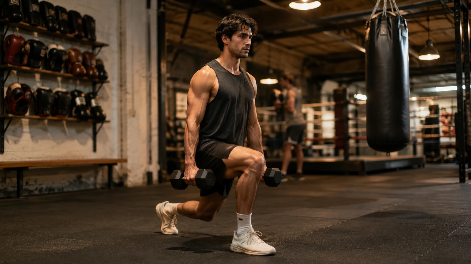Athlete performing a controlled dumbbell split squat in a boxing gym