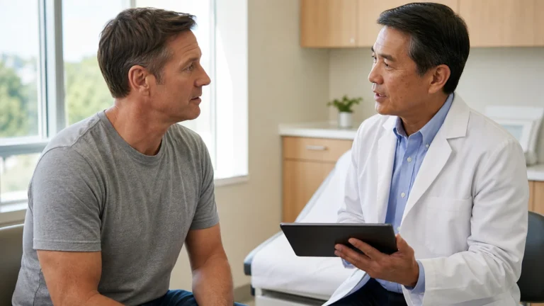 Anonymous middle-aged man having a calm health screening conversation with a physician in a bright clinic