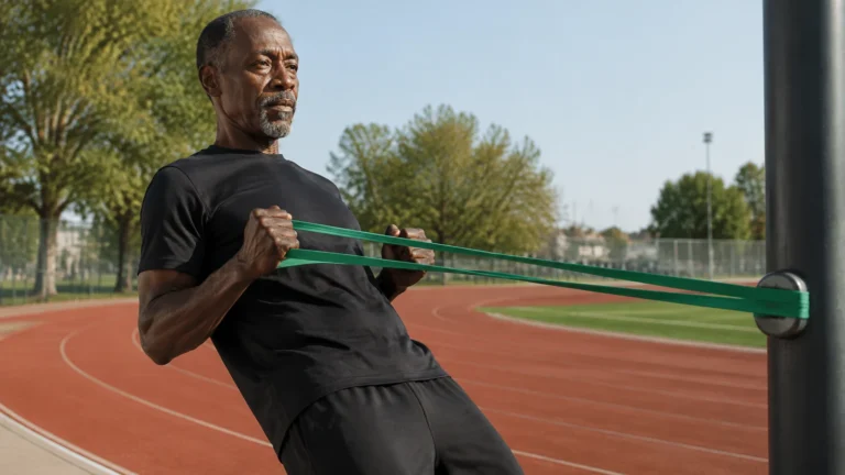 Don Cheadle performs a standing resistance-band row beside an outdoor community track.