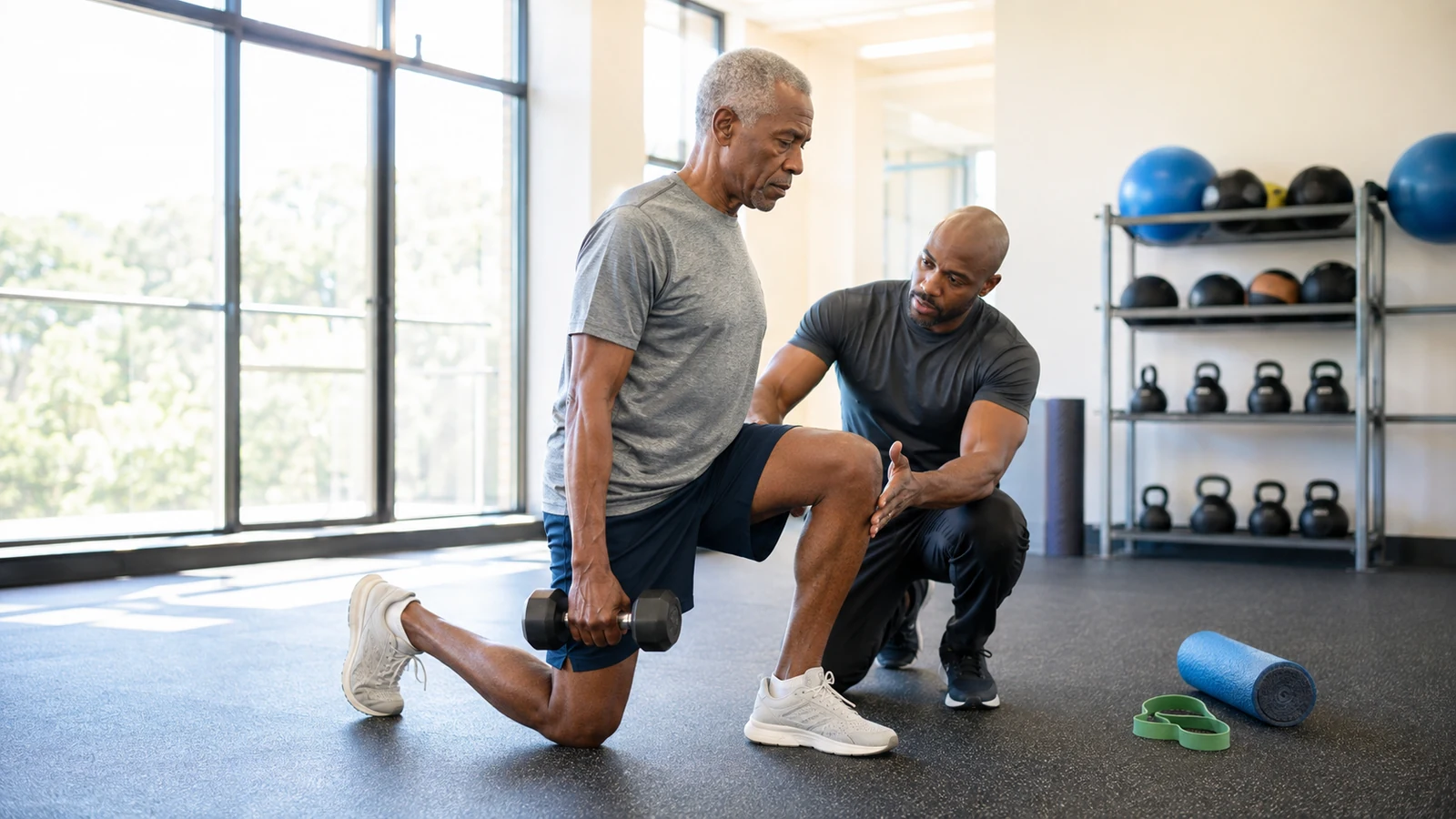 Lean Black man in his early sixties performs a controlled dumbbell split squat while a trainer checks alignment.