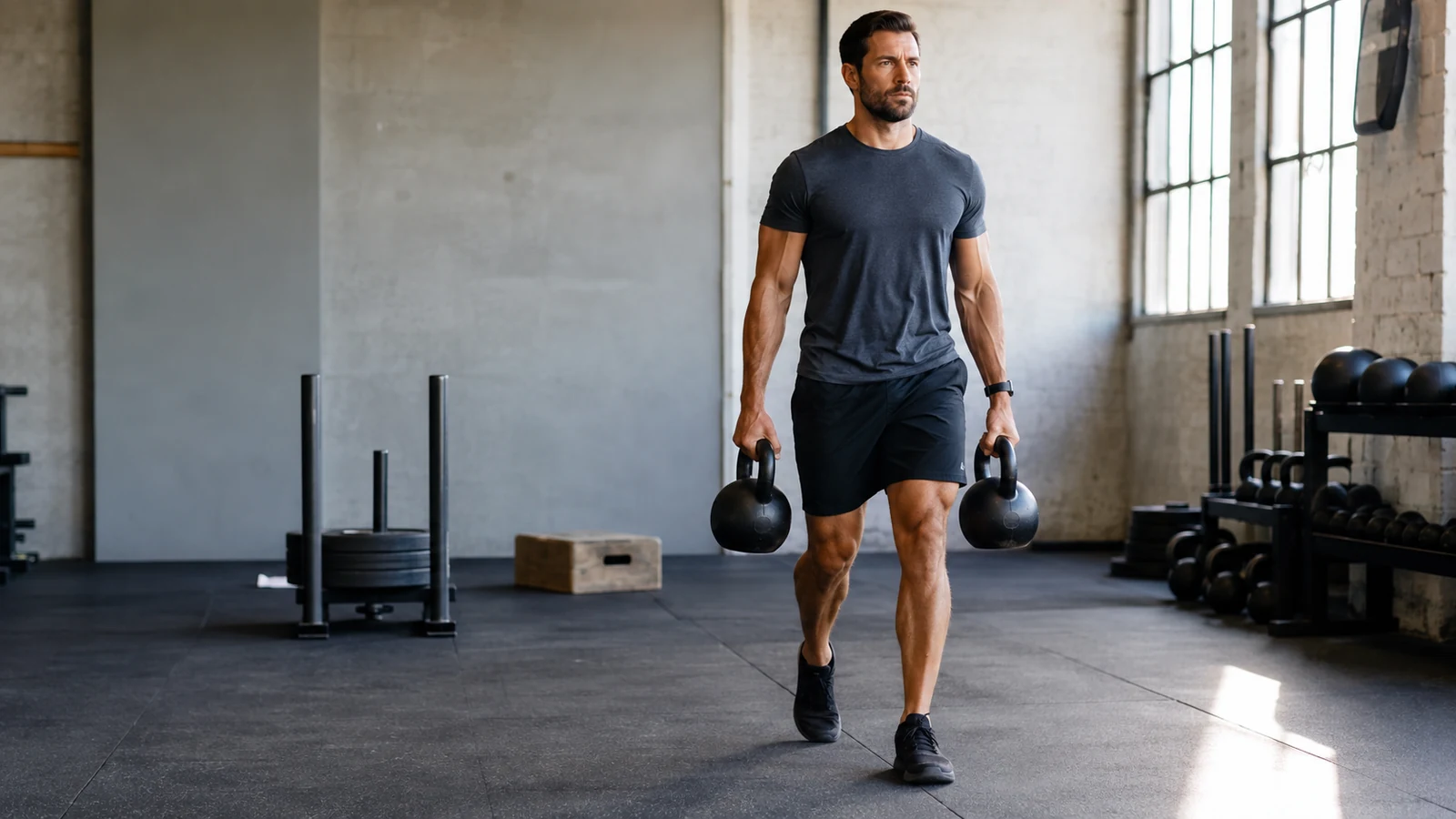 Athlete performing a farmer carry with two kettlebells in a functional training gym