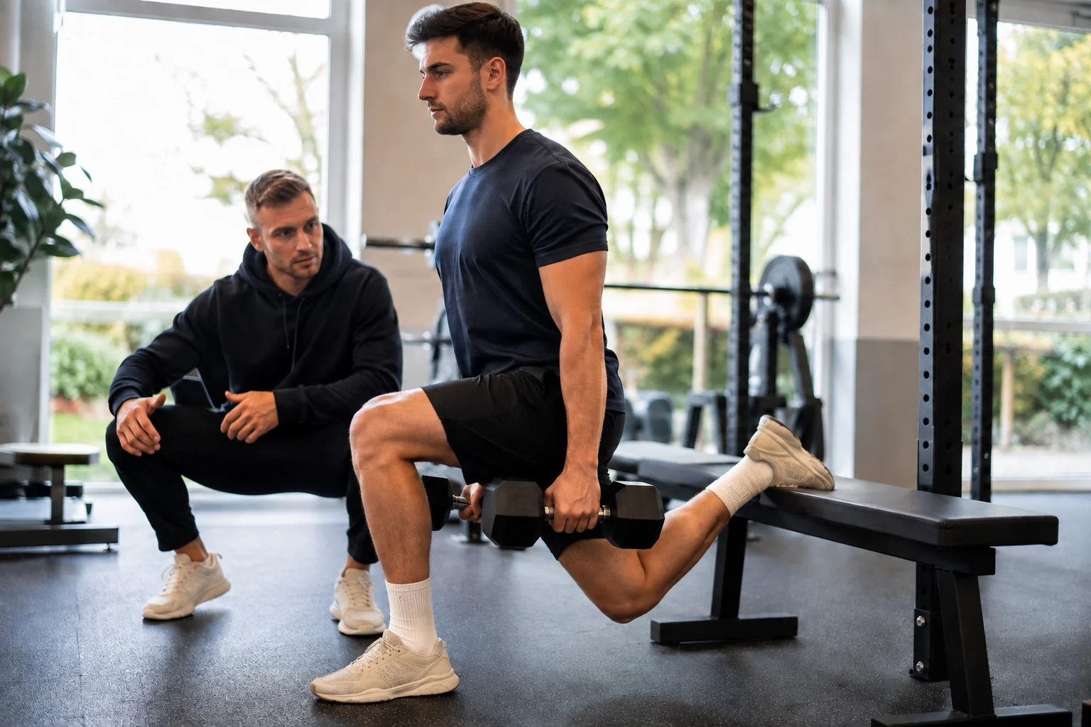 Recreational lifter performing a controlled rear-foot-elevated split squat with dumbbells