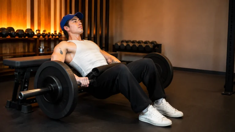 Hudson Williams performing a controlled barbell hip thrust in a modern gym