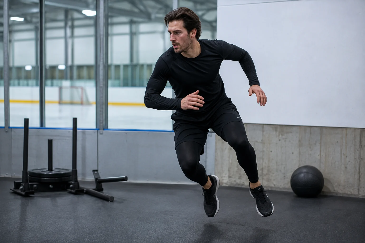Recreational hockey player performing a controlled lateral bound in a rink-adjacent gym