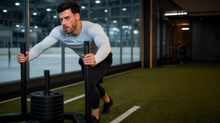 François Arnaud pushing a weighted sled beside an ice rink