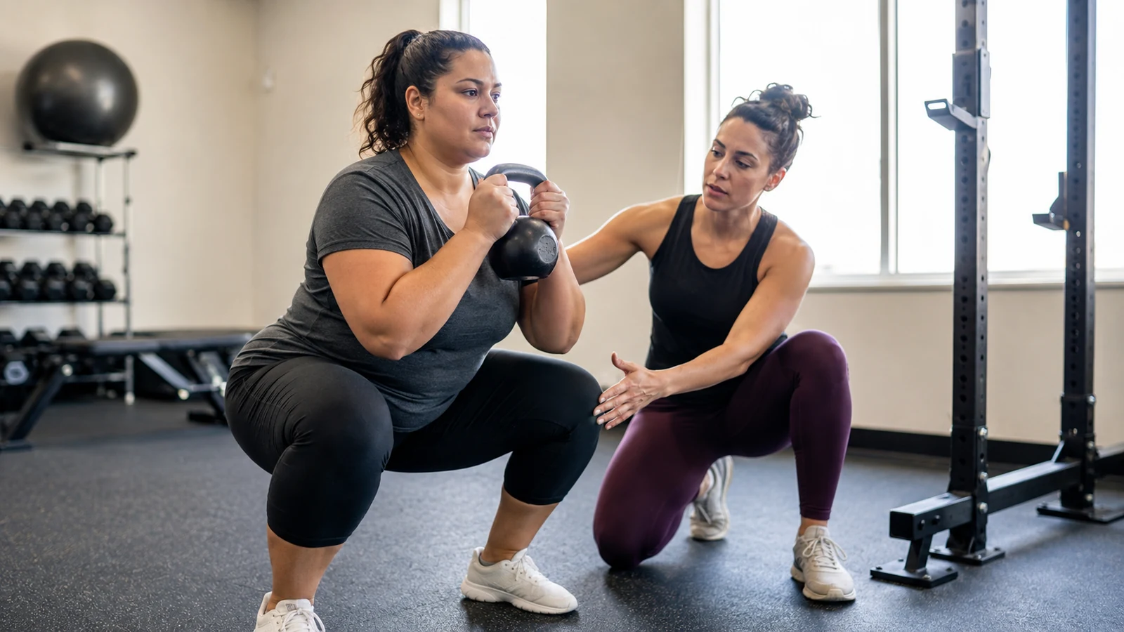 Curvy woman performs a controlled kettlebell goblet squat while a female trainer offers form guidance.