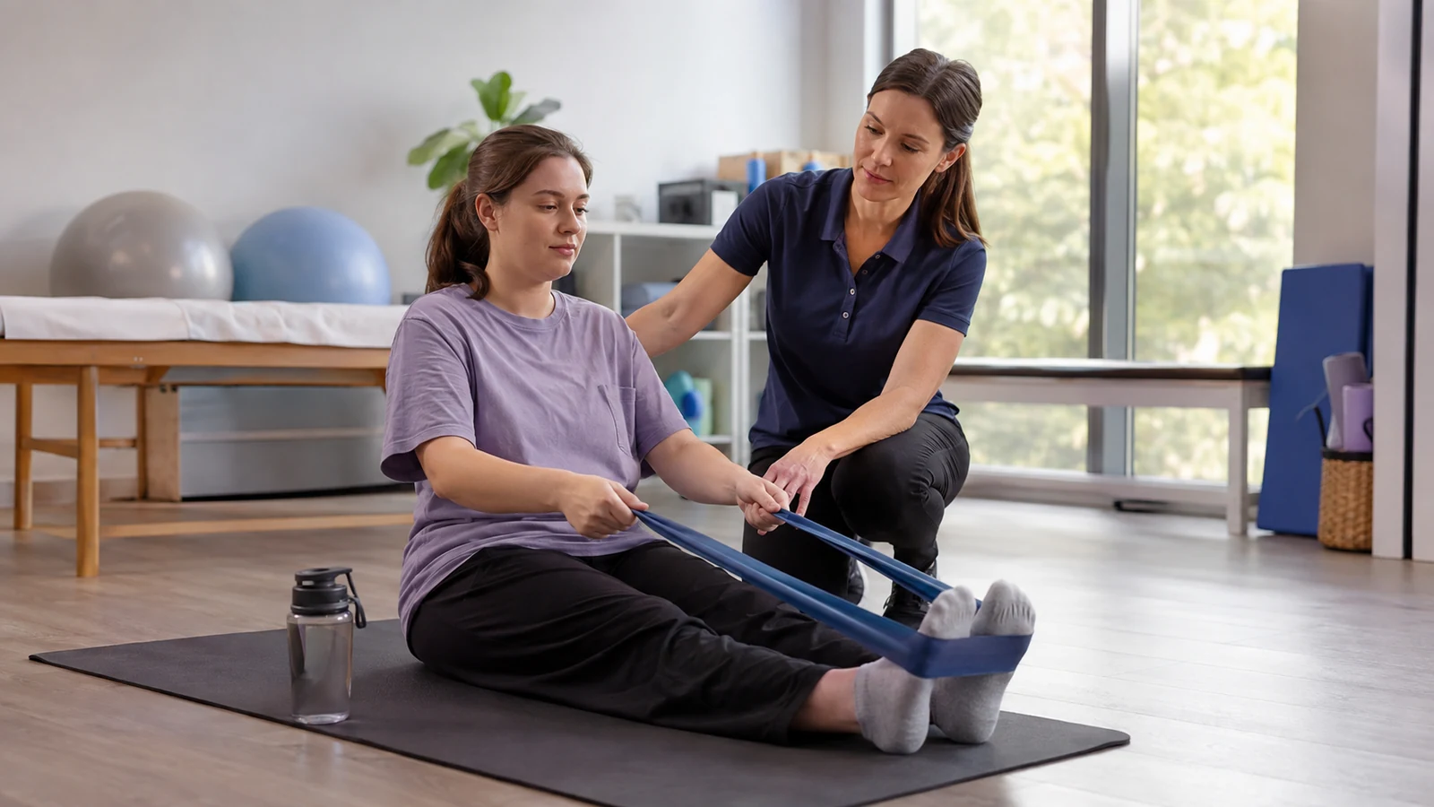 Young woman performs a gentle seated resistance-band row with guidance from a physical therapist.