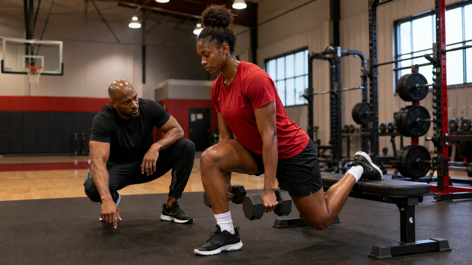 Tall Black female basketball athlete performs a rear-foot-elevated split squat with dumbbells while a coach watches alignment.