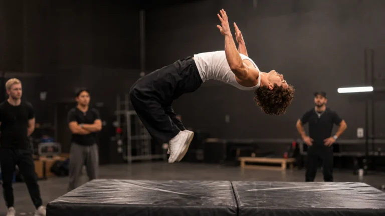 Benson Boone rehearses a backward flip above thick crash mats while spotters watch in an unbranded studio.