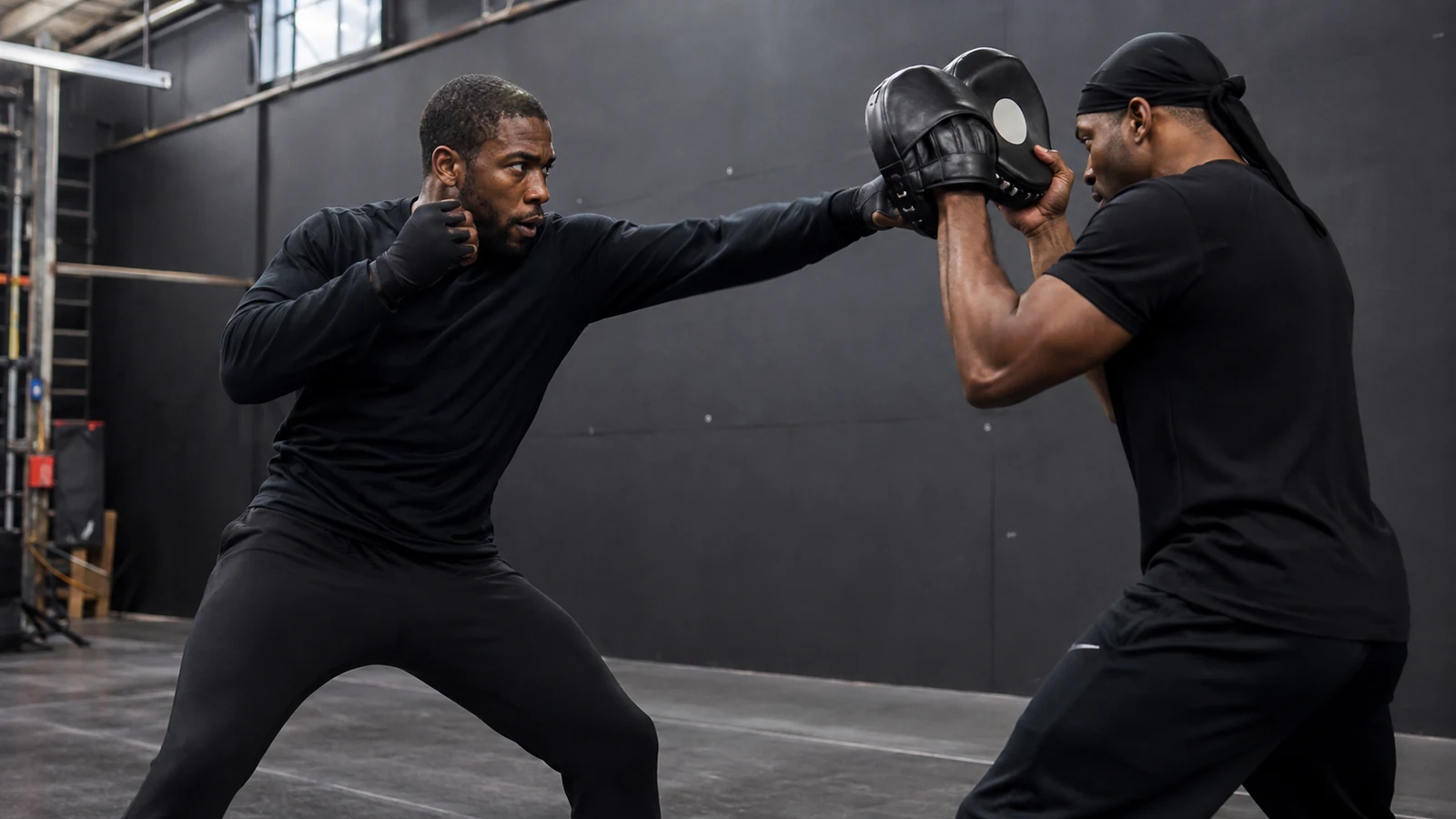 Athletic Black male performer practices a controlled focus-mitt combination with a stunt coordinator.