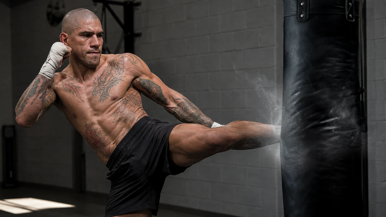 Alex Pereira drives a roundhouse kick into a heavy bag in an unbranded combat-sports gym.